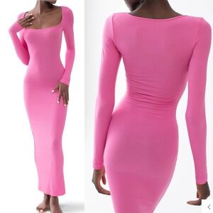 PUMIEY Isis Slip Maxi Dress in Bubblegum Pink Ribbed Long Sleeve Bodycon S